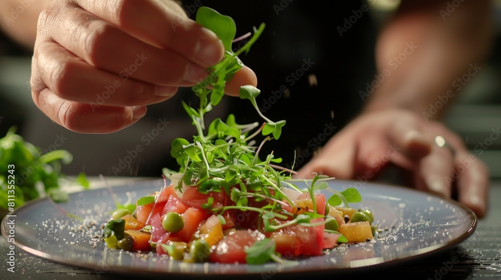 Chef finishing a vibrant gourmet dish with fresh herbs and vegetables.