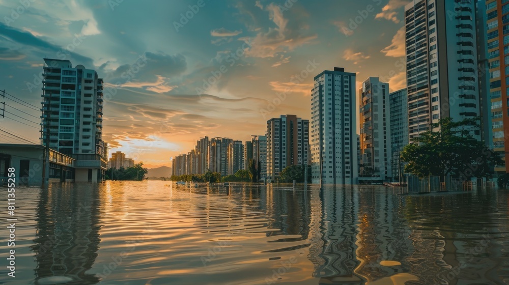 Fototapeta premium Floodwaters Surround High-Rise Buildings. High-rise residential buildings surrounded by extensive floodwaters under a dramatic sky