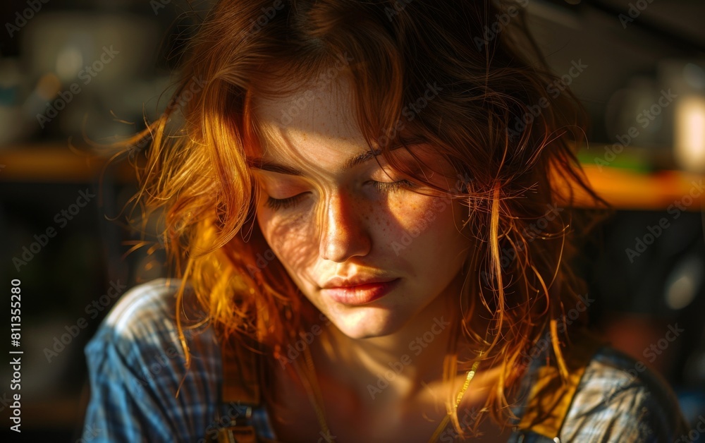 A woman with red hair and a red shirt is looking at the camera. She has a red nose and is wearing a yellow shirt A woman with red hair and a red shirt is looking at the camera. She has a red nose and is wearing a yellow shirt