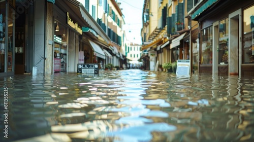 Floodwaters Inundate Market Street. market street deeply submerged under floodwaters at dusk