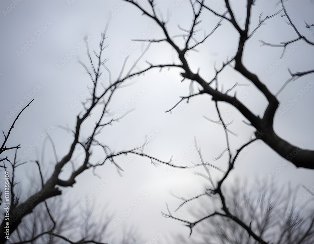 Bare tree branches against a blurred, overcast sky