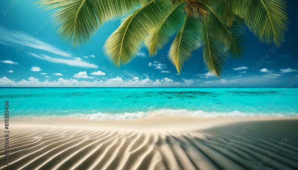 Tropical Beach Setting with Sand and Ocean. Summer background with free space for text Tropical Beach Setting with Sand and Ocean. Summer background with free space for text