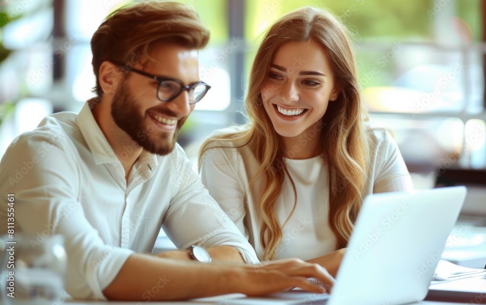 A man and a woman are sitting at a table looking at a laptop. The man is wearing glasses and the woman is smiling. Scene is happy and friendly A man and a woman are sitting at a table looking at a laptop. The man is wearing glasses and the woman is smiling. Scene is happy and friendly