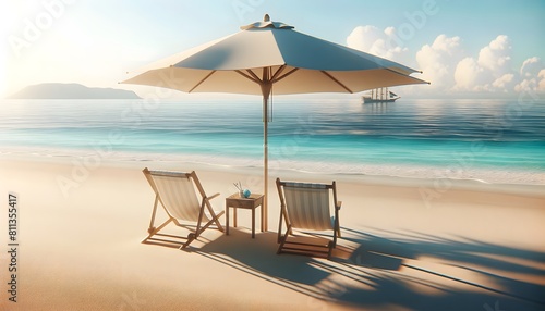 Beach Setting with Umbrella and Chairs. Summer background