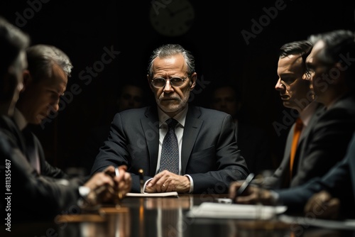 A man in a suit sits at a table with other men  looking serious