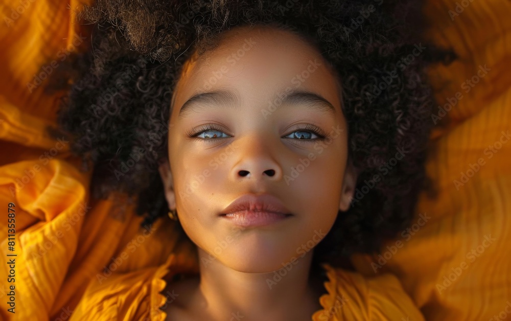 A young girl with brown hair and blue eyes is laying on a bed in a yellow dress. She has a smile on her face and her eyes are open wide A young girl with brown hair and blue eyes is laying on a bed in a yellow dress. She has a smile on her face and her eyes are open wide