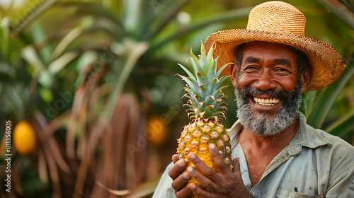 Brazilian farmer offers ananases. A man stands in the garden, among ananas plantation, holds ripe appetizing ananas and smiles, portrait