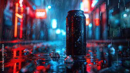 Upper low-angle shot of a black can really cold mockup, an urban cool background, Generative Ai  photo