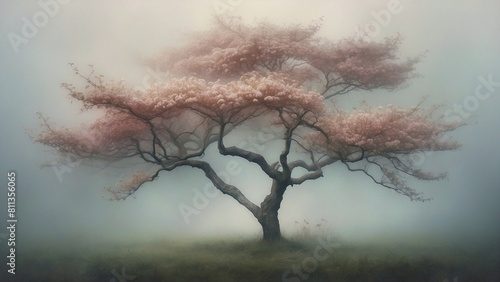 Blossoming tree in the fog