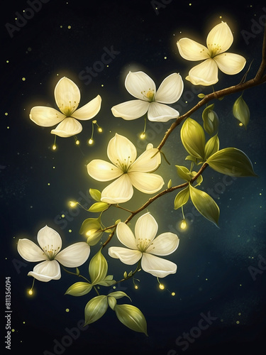 Vibrant digital illustration of a dogwood branch adorned with twinkling fireflies, soft glowing light.