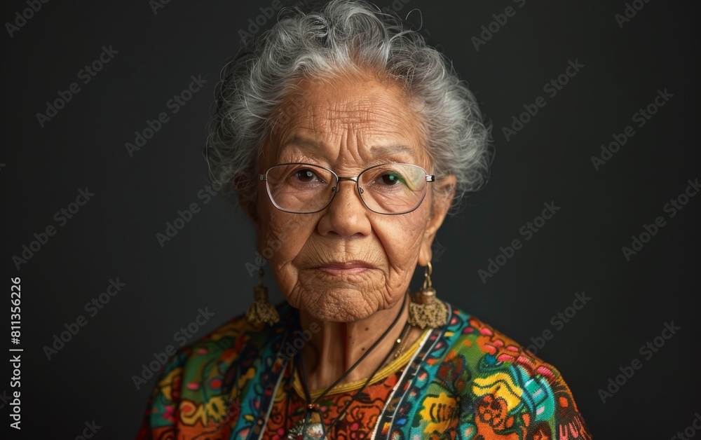 A woman with glasses and earrings is wearing a colorful dress. She is looking directly at the camera A woman with glasses and earrings is wearing a colorful dress. She is looking directly at the camera