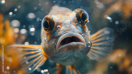 Surprise, shock, a very surprised fish bulged its eyes and blew bubbles, funny photo with animals  photo