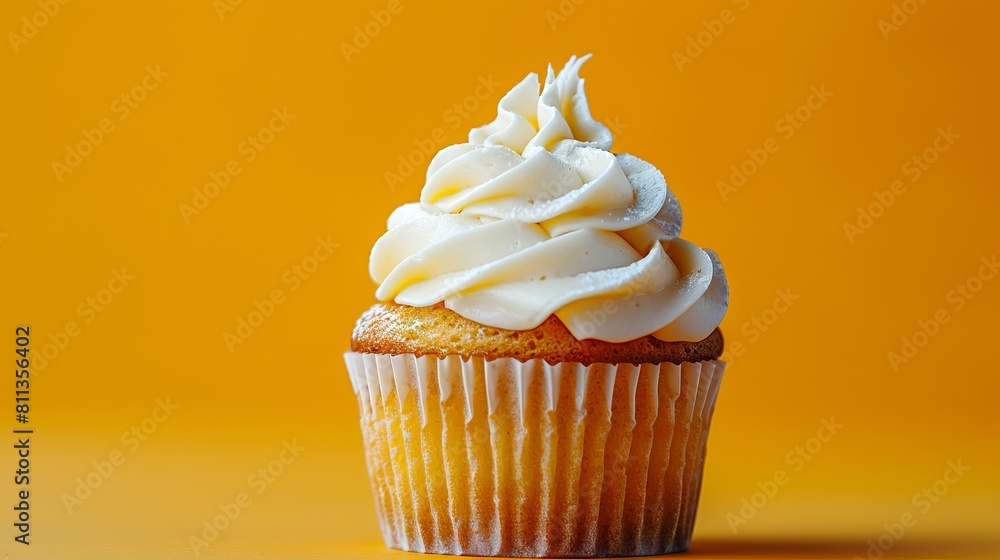 A cupcake with white frosting on a yellow background. Generative AI.