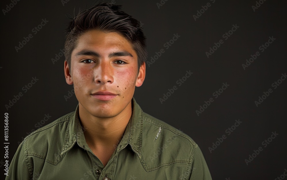 A young man with brown hair and a green shirt is standing in front of a black background. He has a serious expression on his face A young man with brown hair and a green shirt is standing in front of a black background. He has a serious expression on his face