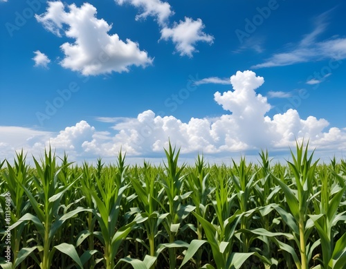 Green corn field with blue sky and white clouds