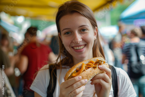 Woman Holding a Sandwich at Herring Festival in the Netherlands