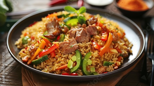 Nasi goreng is a Southeast Asian fried rice dish, usually cooked with pieces of meat. Generative Ai