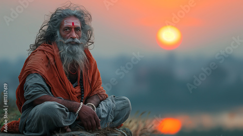 A Hindu man sits by the road and begs at sunset. photo