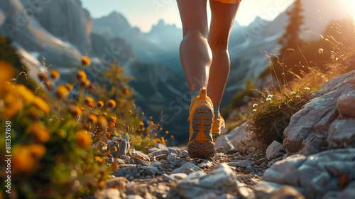 Legs close up. Jogging in mountainous areas. Playing sports in the fresh air, in nature. photo