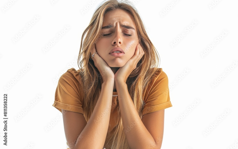 Fototapeta premium A woman with long blonde hair is holding her head in her hands. She looks sad and tired