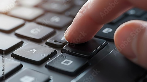 Closeup one human finger pressing a black computer keyboard button in dark background. Generated AI