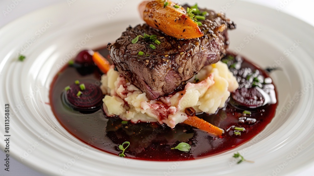 Meat steak medium rare roasted with carrot, beetroot and mashed potatoes with cherry . Generative Ai Meat steak medium rare roasted with carrot, beetroot and mashed potatoes with cherry . Generative Ai