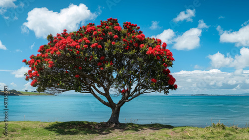 Blooming pohutukawa tree on the coast. Iconic New Zealand's native Christmas tree.  photo