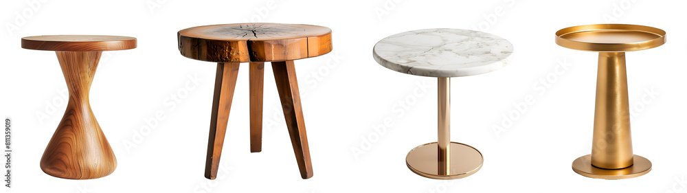 Array of Small Round Tables in Metal, Gold, Marble, Wood, in Both Modern and Rustic Themes for Decor, Isolated on Transparent Background, PNG Array of Small Round Tables in Metal, Gold, Marble, Wood, in Both Modern and Rustic Themes for Decor, Isolated on Transparent Background, PNG