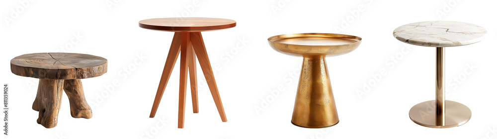 Set of Compact Round Tables in Metal, Gold, Marble, Wood, Featuring Modern and Rustic Designs for Decor, Isolated on Transparent Background, PNG Set of Compact Round Tables in Metal, Gold, Marble, Wood, Featuring Modern and Rustic Designs for Decor, Isolated on Transparent Background, PNG