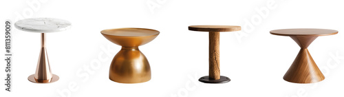 Compilation of Small Round Tables in Metal, Gold, Marble, Wood, in Modern and Rustic Styles for Decorative Purposes, Isolated on Transparent Background, PNG