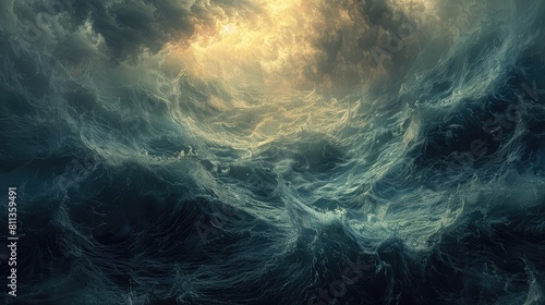 Depicting the concept of chaos with a fractal design, tendrils of darkness and light clashing in a stormy sea, digital rendering realistic photo