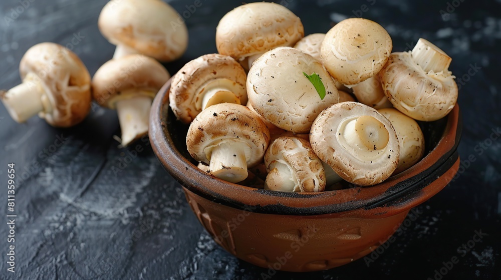 mushroom in hot clay pot on black table. Generative Ai mushroom in hot clay pot on black table. Generative Ai