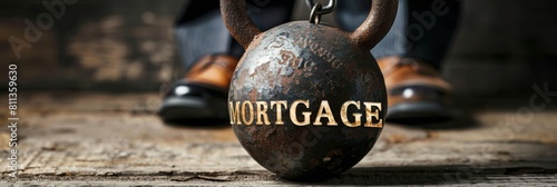 Kettlebell tied to businessman's leg labeled 'MORTGAGE', debt burden metaphor photo