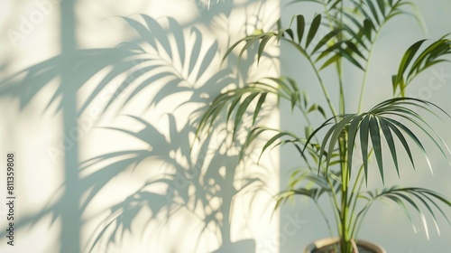 Blurred shadows of palm leaves on a bright white wall