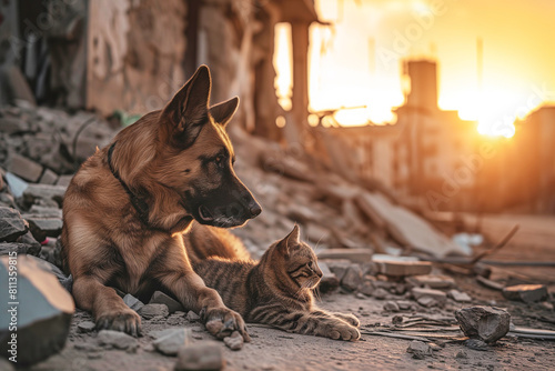 An abandoned homeless stray dog and cat sit side by side in a war-torn city. Copy space.