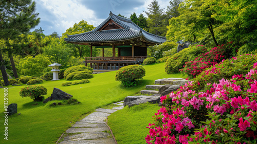 Traditional Asian house in a lush garden 