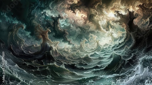 Depicting the concept of chaos with a fractal design, tendrils of darkness and light clashing in a stormy sea, digital rendering realistic