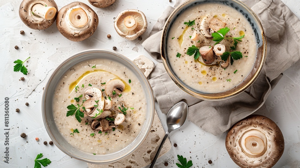 Mushroom Soup on light stone table. Champignon cream soup. Generative Ai Mushroom Soup on light stone table. Champignon cream soup. Generative Ai