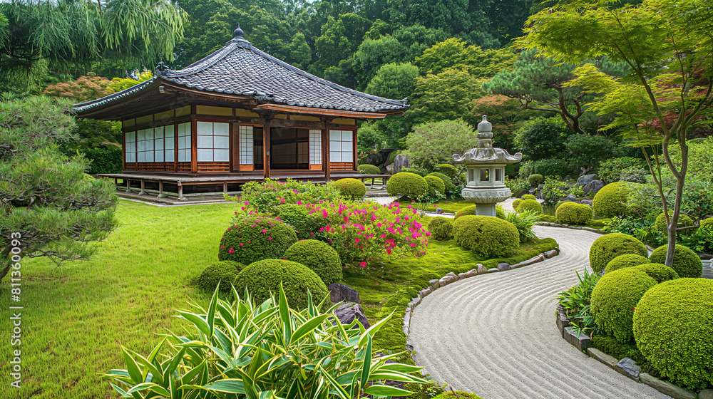 Obraz premium A serene traditional Japanese garden with traditional wooden house