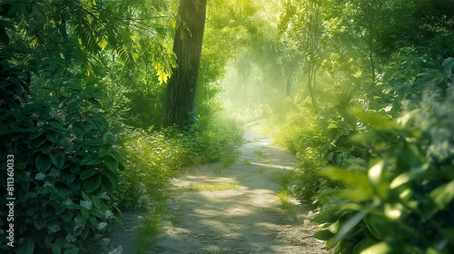 Mystical forest path with sunbeams filtering through lush greenery