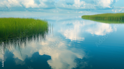 Calm lake with green reeds and reflective clouds