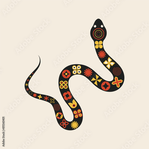Abstract snake with colored geometric pattern. Vector illustration.