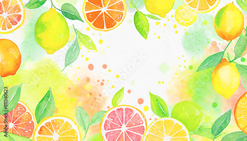 Colorful painted watercolor citrus fruit summer food background frame border for menu, stationary, invite, backdrop, wallpaper, in bright happy colors of yellow orange green and pink.