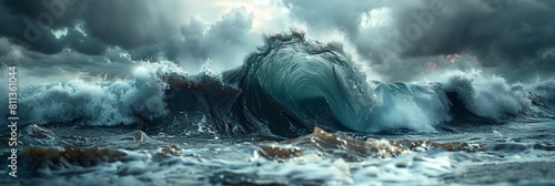 Massive ocean wave crashing dramatically in stormy weather
