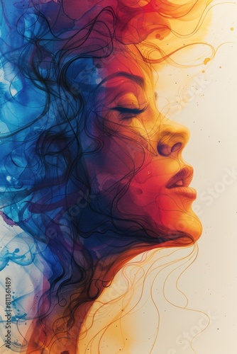 A woman s face is painted with colorful smoke and hair  AI