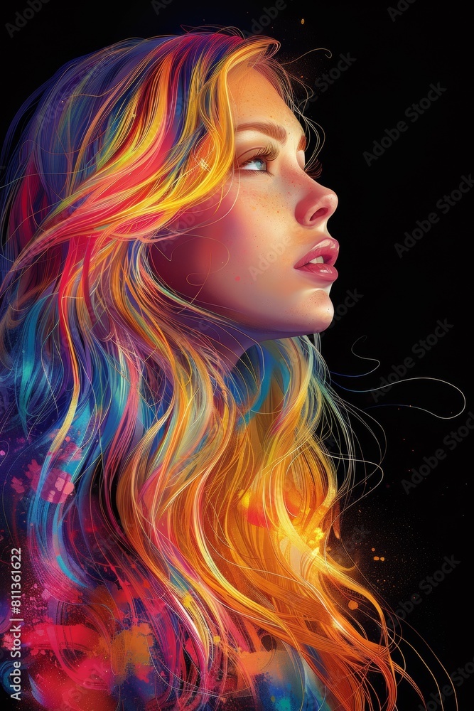 A woman with long colorful hair and a painted face, AI