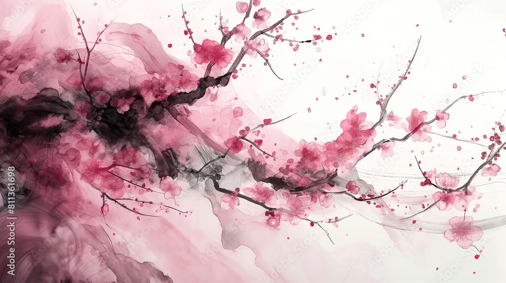 Naklejka premium Peach Pink Blossom Tan Water Depth Thousand-foot Ink