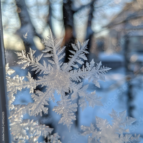 Winter time, cold winter days: close up photo of a huge snow flake on a window