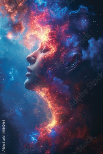A woman's face is shown in a colorful nebula with stars, AI © starush