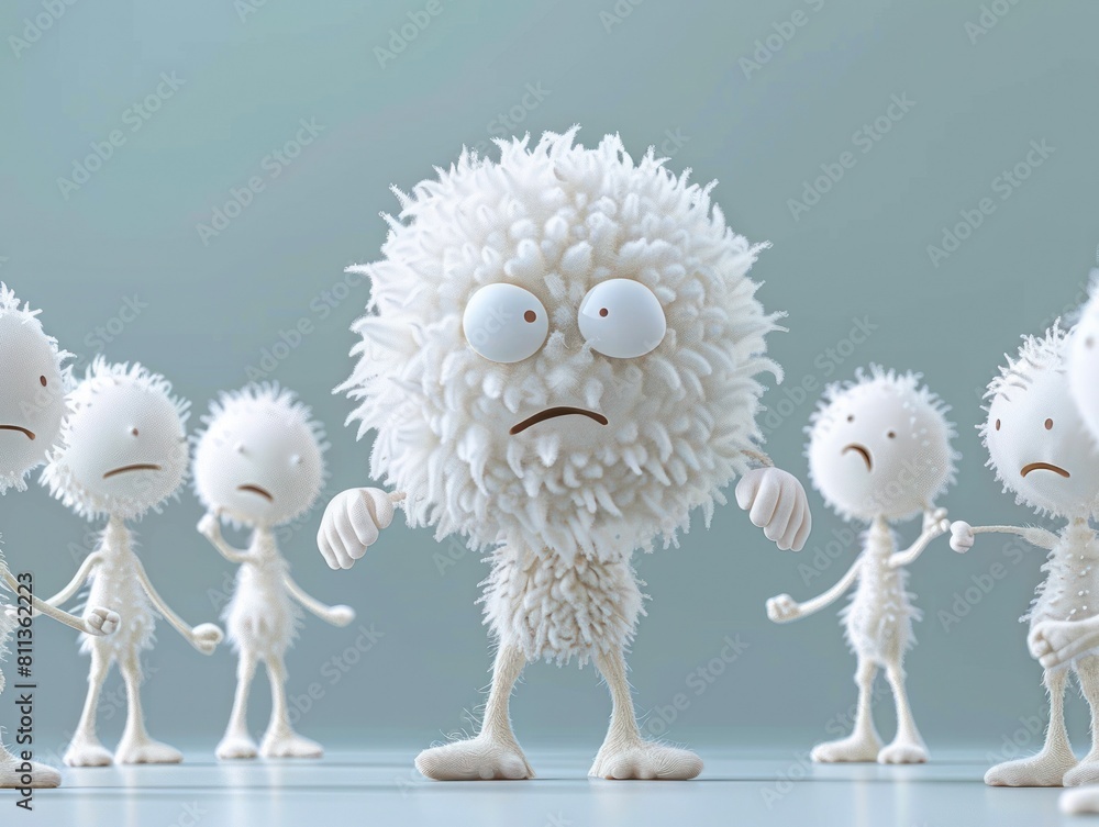 Obraz premium A 3D scene with textured characters, one being distinctly emotional, conveying concepts of individuality or emotional expression, great for content on emotional intelligence or personal identity 